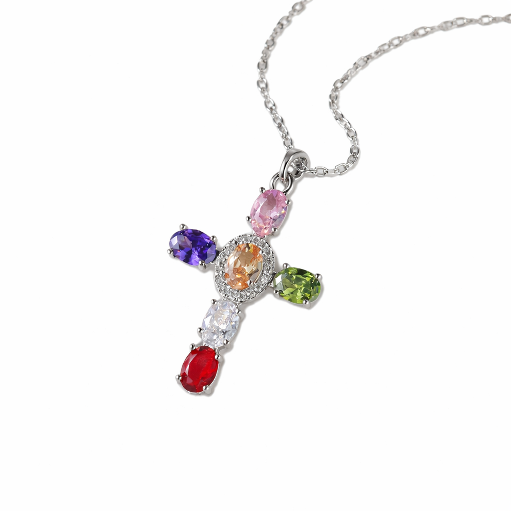 Women’s Christian Gemstone Cross Necklace Titanium Steel for Her