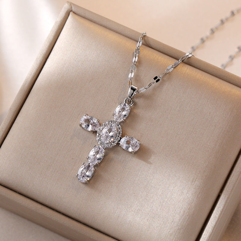 Women’s Gemstone Cross Necklace Faith Jewelry in Titanium Steel