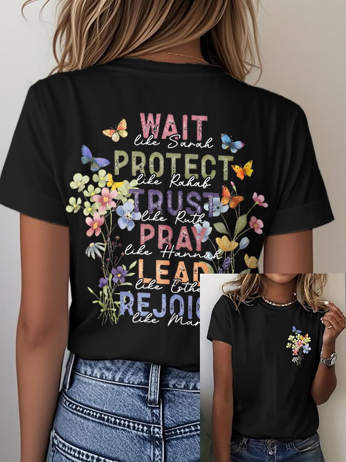 Women'S Casual Floral Faith Print Short Sleeve T-Shirt