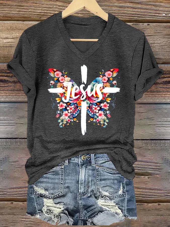 Women's Jesus Butterfly Cross Print Short Sleeve T-Shirt