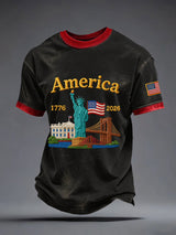 Men's America 250th Anniversary – 1776–2026 Heritage Landmark Print Casual T-Shirt