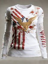 Women's casual long-sleeved T-shirt with 250th anniversary national flag and floral print.