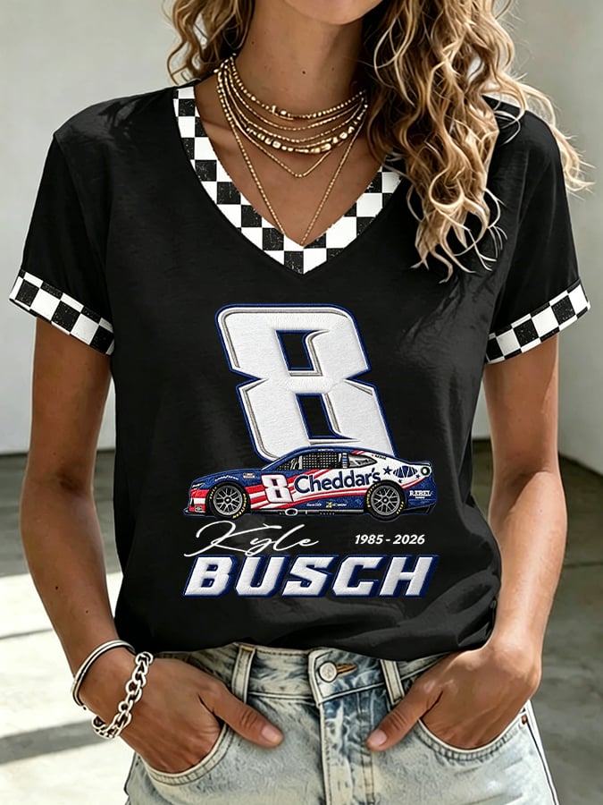 Women's Drag Racing Hero Print V Neck T-shirt