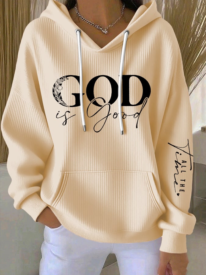 Women's casual retro God is good faith ribbed Hoodie