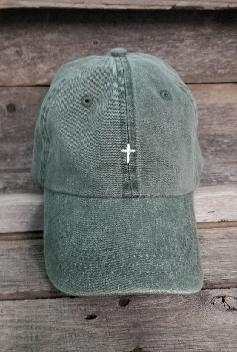 Pigment dyed dad hat with tiny embroidered cross, baseball hat, handwritten. Faith, Christian embroidered unstructured hat