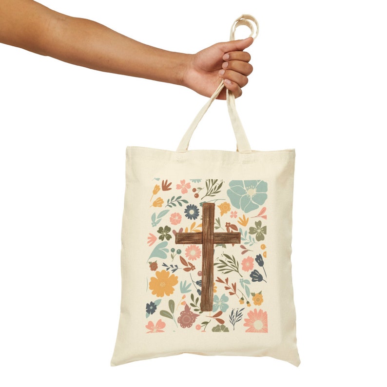 Floral Cross Tote Bag, Christian Flower Shoulder Bag, Cross Canvas Tote Bag, Christian Gifts for Mom, Christian Floral Cross Bags