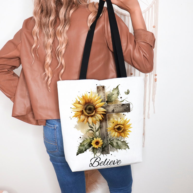 Inspirational Cross Sunflower Tote Bag, Flower Lover Gift, Christian Church Bag, Believe Jesus, Church Group Gift, Bible Study Tote Gift