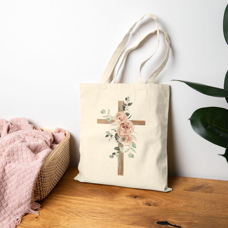 Floral Cross Tote Bag, Christian Tote Bag, Cotton Canvas Book Bag, Bible Bag, Christian Gifts, Baptism Gift for Girls, Bible Study Bag