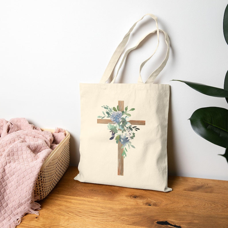 Floral Cross Tote Bag, Christian Tote Bag, Cotton Canvas Book Bag, Bible Bag, Christian Gifts, Baptism Gift for Girls, Bible Study Bag