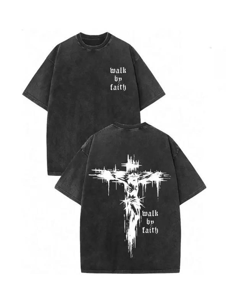 Walk By Faith Christian T-Shirt: Oversized Cross Graphic, Grunge