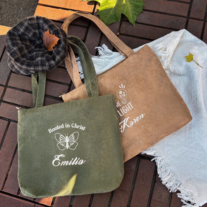 Embroidered Corduroy Bible Tote Bag, Faith-Inspired Christian Gift, Custom Name Tote, Ideal for Church or Back-to-School Bag HD