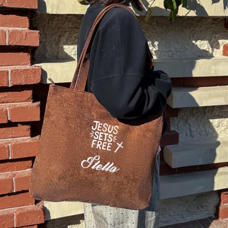 Embroidered Corduroy Bible Tote Bag, Faith-Inspired Christian Gift, Custom Name Tote, Ideal for Church or Back-to-School Bag HD