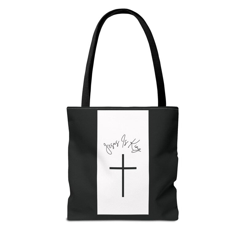 Jesus Is King Tote Bag: Black and White Christian Cross Design