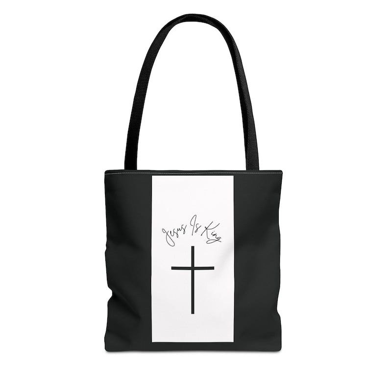 Jesus Is King Tote Bag: Black and White Christian Cross Design