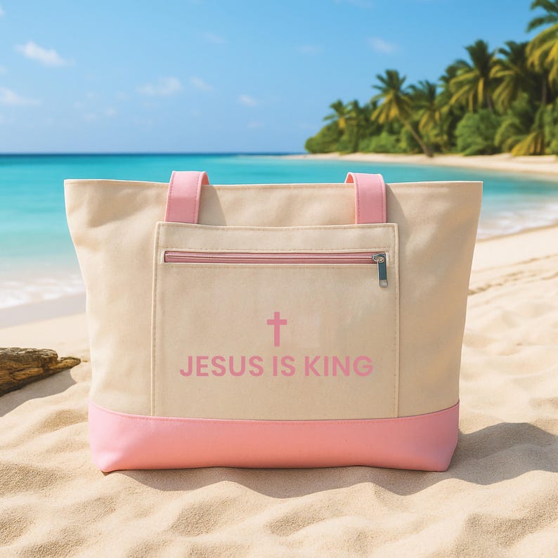 Christian Tote Bag with Zipper, Jesus Is King Faith Canvas Bag, Cross Scripture Tote, Bible Study Church Bag, Religious Gift for Women