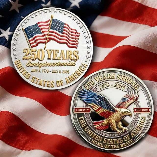U.S 250th Anniversary Commemorative Coin Celebrating Semiquincentennial with American Flags and Eagle Designs Patriotic Souvenir